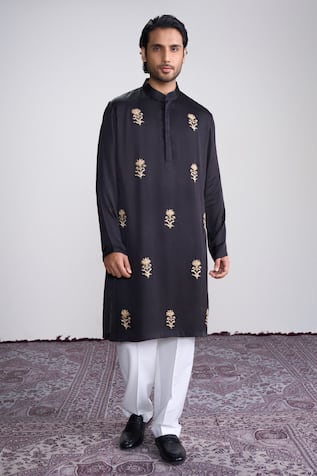 Sanjev Marwaaha Black Embroidered Modal Silk Kurta Set 