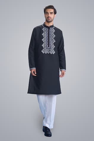Sanjev Marwaaha Black Cotton Silk Embroidered Kurta Set 