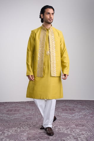 Sanjev Marwaaha Yellow Cotton Silk Embroidered Kurta Set 