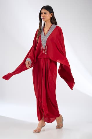 Anjali Kanwar Red Beaded Silk Crepe Tunic & Skirt Set 