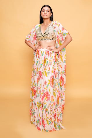 Sajeda A Lehry Floral Print Cape Blouse Pant Set 