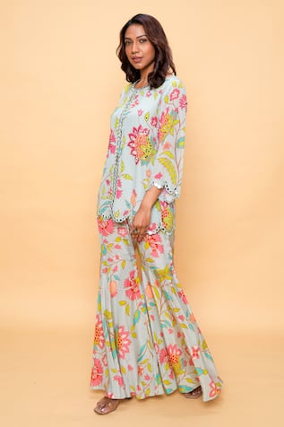 Sajeda A Lehry Floral Aqua Sharara & Short Kurta Set 