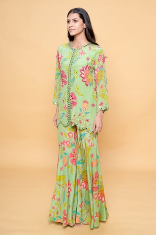 Sajeda A Lehry Floral Hand Embroidered Sharara Set 