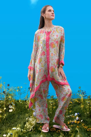Sajeda A Lehry Aqua Digital Print Kaftan & Pant Set 