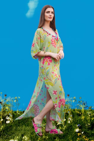 Sajeda A Lehry Hand Embroidered Pista Green Kaftan 