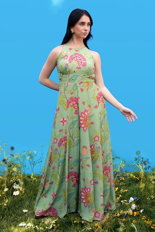 Sajeda A Lehry Hand Embroidered Pista Green Jumpsuit 