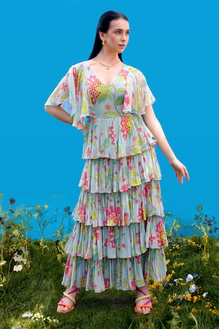 Sajeda A Lehry Digital Print Aqua Dress 