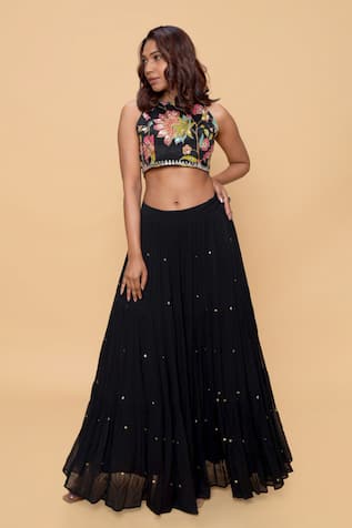 Sajeda A Lehry Hand Embroidered Floral Black Lehenga Set 