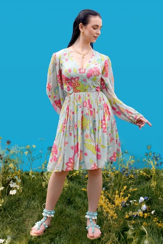 Sajeda A Lehry Digital Print Aqua Dress 