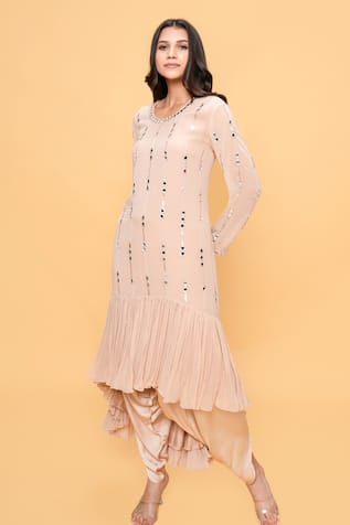 Sajeda A Lehry Hand Embroidered Beige Kurta & Dhoti Pant Set 
