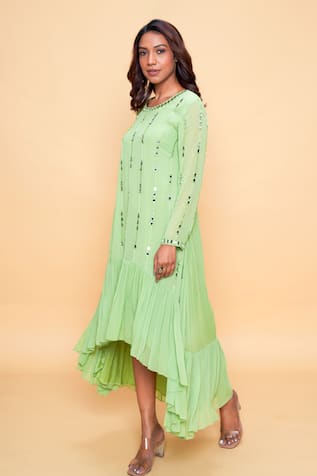 Sajeda A Lehry Solid Pista Green Hand Embroidered Kurta 
