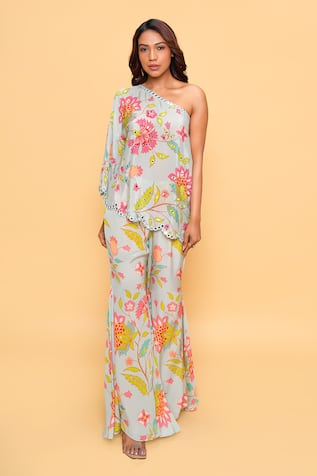 Sajeda A Lehry Floral Aqua Sharara & Short Kurta Set 