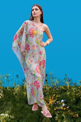 Sajeda A Lehry Hand Embroidered Aqua Kaftan 
