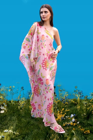 Sajeda A Lehry Hand Embroidered Rose Pink Kaftan 