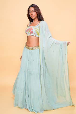 Sajeda A Lehry Hand Embroidered Aqua Lehenga Set 