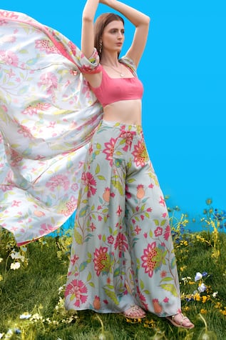 Sajeda A Lehry Floral Print Cape & Pant Set 