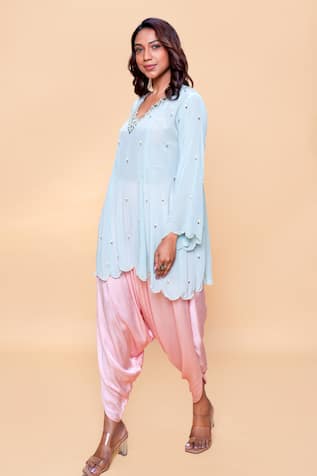 Sajeda A Lehry Hand Embroidered Aqua Kurta & Dhoti Pant Set 
