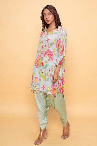 Sajeda A Lehry Floral Aqua Kaftan & Dhoti Pant Set 