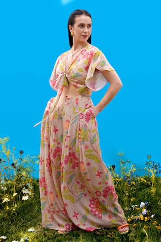 Sajeda A Lehry Sienna Beige Floral Print Crop Top & Pant 