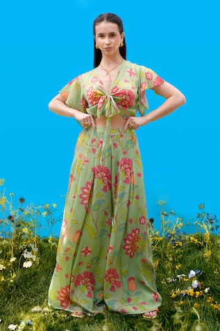 Sajeda A Lehry Floral Print Crop Top & Pant Set 