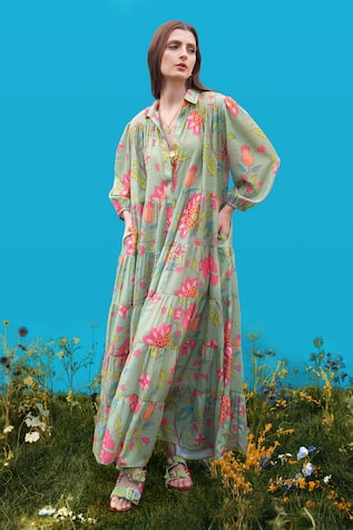 Sajeda A Lehry Digital Print Pista Green Dress 