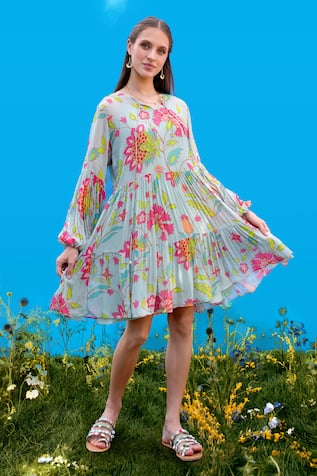 Sajeda A Lehry Floral Hand Embroidered Aqua Dress 