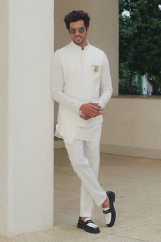 Pooja Bagaria White Linen Crystal Bandi Set 