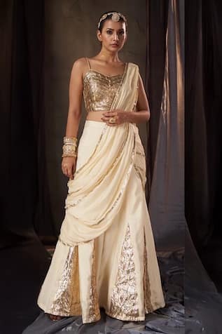 Muskann Kapadiaa Ivory Gota Patti Blouse & Pre-Draped Saree 