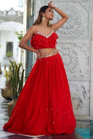 Muskann Kapadiaa Emma Red Chiffon Designer Skirt Set 