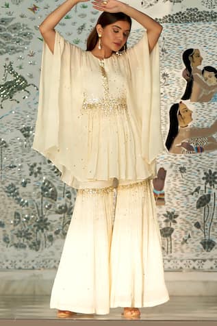 Muskann Kapadiaa Ivory Chiffon Designer Kaftan & Sharara Set 