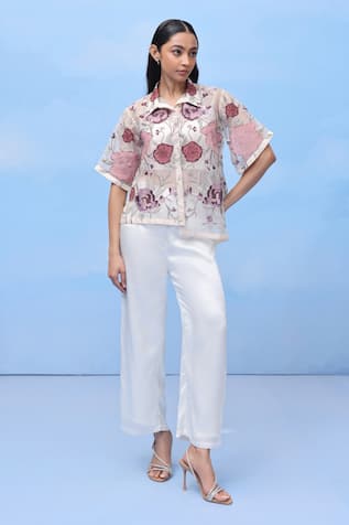 Couché By Anandini Sweet Cherry Blossom Print Silk Organza Shirt 