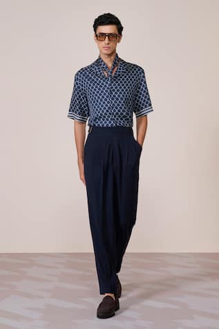 S&N By Shantnu Nikhil Navy Silk Twill Adamas Print Shirt 