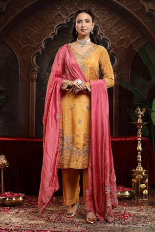 Miku Kumar Yellow Hand Embroidered Vanya Suit Set 