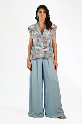 Anjali Kanwar Aqua Blue Beaded Jumpsuit & Jacket Set 