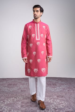 Sanjev Marwaaha Designer Pink Cotton Silk Kurta Set 