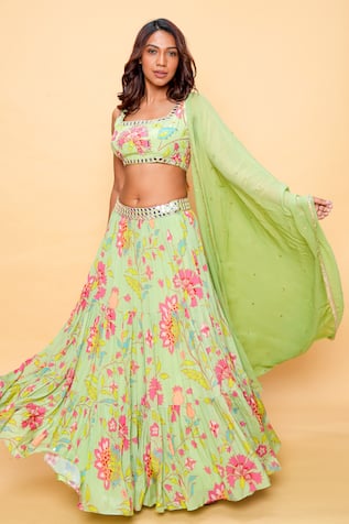 Sajeda A Lehry Floral Printed Pista Green Lehenga Set 