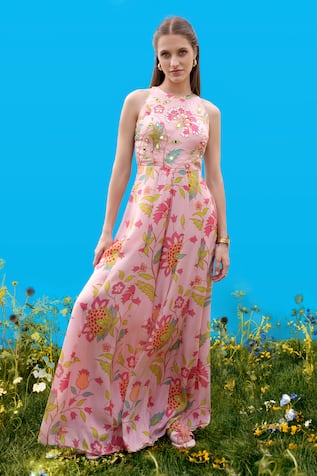 Sajeda A Lehry Hand Embroidered Rose Pink Jumpsuit 