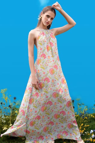 Sajeda A Lehry Floral Digital Print Aqua Dress 