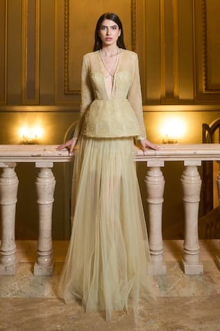 Supria Munjal Dusty Yellow Lace Tulle Gown 