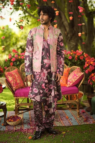 Mahima Mahajan Burgundy Floral Bundi Kurta Set 