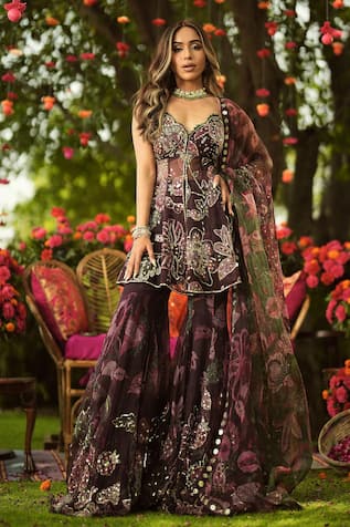 Mahima Mahajan Burgundy Designer Kurta Sharara Set 