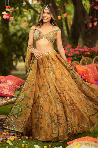 Mahima Mahajan Old Gold Floral Organza Lehenga Set 
