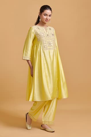 Gulabo By Abu Sandeep Embroidered Yellow Modal Chanderi Kurta Set 