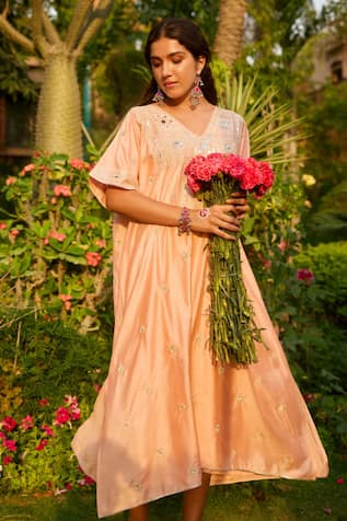 Gulabo By Abu Sandeep Embroidered Pink Modal Chanderi Kaftan 