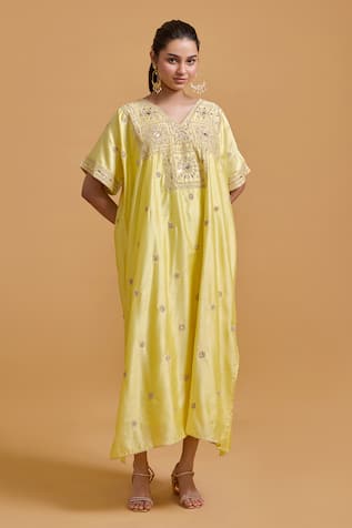 Gulabo By Abu Sandeep Embroidered Yellow Modal Chanderi Kaftan 
