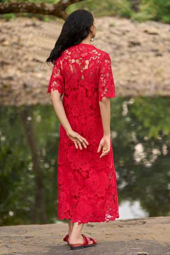 red lace dress online india Buy Red Polyester Lace Round Neck Midi Dress For Women by Dash And Dot  Online at Aza Fashions
