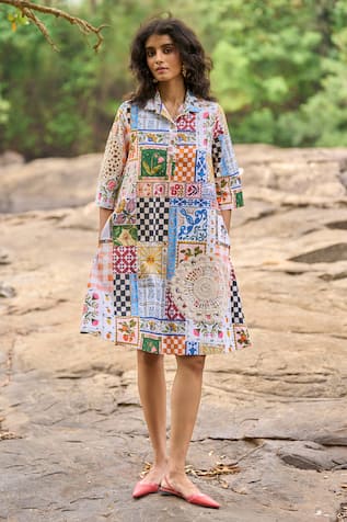 Multi Crochet Print Shirt Dress 