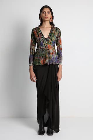 Forty Four Multi Color Designer Jacket & Skirt Set 