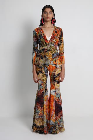 Forty Four Multi Color Hand Embroidered Long Jacket Set 