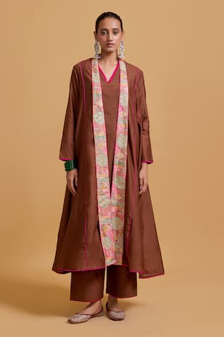 Gulabo By Abu Sandeep Brown Chanderi Jacket Kurta Pant Set 